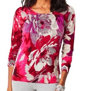 Talbots Valentine Floral Sweater Pink Magenta Heart Tones Cotton Rayon Knit